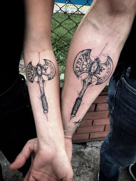 Make it pleasant for your beloved or dear person and suggest him a soulmate matching couple tattoo. Choose one of the 60+ ideas we have listed in our article. His And Her Viking Tattoo Ideas, Viking Tattoos Couples, Nordic Matching Tattoos, Viking Couple Tattoo Ideas, Viking Matching Tattoo, Couples Viking Tattoos, Nordic Couple Tattoo, Pagan Couple Tattoos, Norse Couples Tattoo