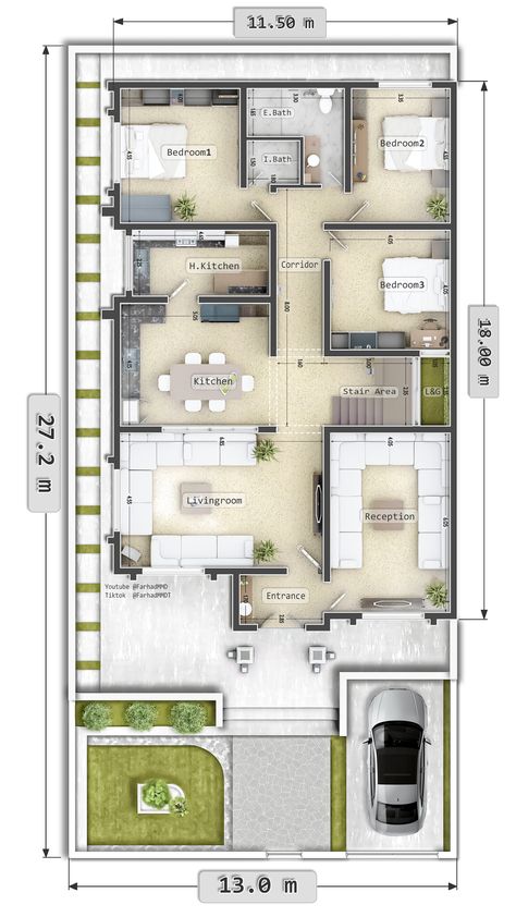 3 Bedroom, Single story, Exterior, House-B1 1st Floor House Plans, Single Bedroom House Plans, Single Floor Plan, Single Story House Floor Plans, One Floor House Plans, Precedent Study, Single Story House, Content House, Single Floor House Design