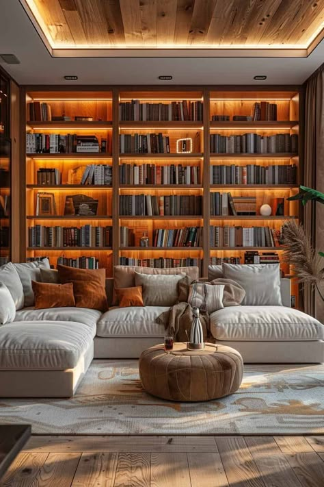 Library Room Aesthetic Modern, Massive Home Library, Book Shelf In Living Room, Basement Library Ideas, Library Home Ideas, Library In Living Room, Living Room With Library, Modern Home Library Ideas, Library Ideas For Home