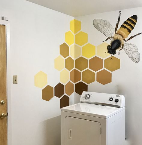 My sweetie requested this honeycomb and bee mural for the laundry room! Bee Laundry Room Ideas, Honey Bee Bedroom Decor, Honeycomb Wall Paint, Bee Room Ideas, Bee Theme Bathroom, Bee Laundry Room, Bee Mural Ideas, Bee Theme Room, Bee Themed Bathroom