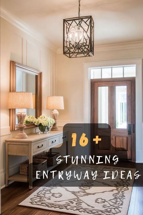 Ready to revamp your entryway? Click to explore stunning ideas that make your entrance unforgettable! 🚪✨ #EntrywayDecor #HomeTransformation #StunningEntrances #DecorIdeas #HomeStyle Entryway Ideas For Long Hallway, Entryway Ideas Tall Ceiling, Ideas For Foyer Entryway Entrance, Entryway Staging Ideas, Entryway Foyer Decor, How To Decorate A Curved Wall Entryway, Cozy Front Entryway, Mirror In Entryway Foyer Ideas, Beige Entryway Ideas