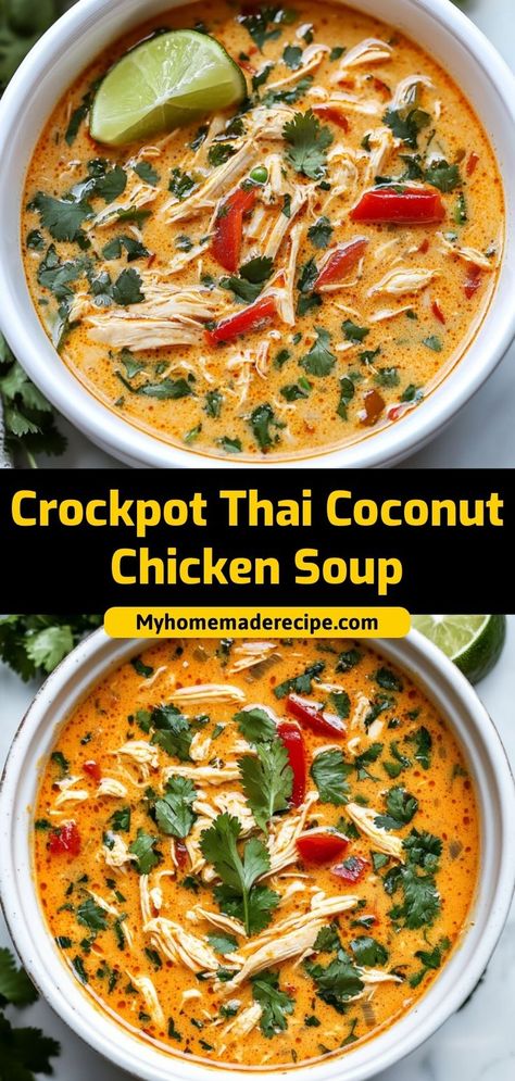 This Thai coconut chicken soup is creamy, flavorful, and made easily in the Crockpot with coconut milk, chicken, and Thai spices. Ingredients: 2 cups shredded chicken 4 cups chicken broth 1 can coconut milk 1 tbsp red curry paste 1 cup sliced mushrooms Serve this soup garnished with fresh cilantro and lime wedges Spicy Thai Chicken Soup, Whole Chicken Soup, Thai Chicken Curry Soup, Crockpot Thai, Coconut Curry Chicken Soup, Thai Soup Recipes, Healthy Crockpot Soup, Coconut Chicken Soup, Coconut Soup Recipes