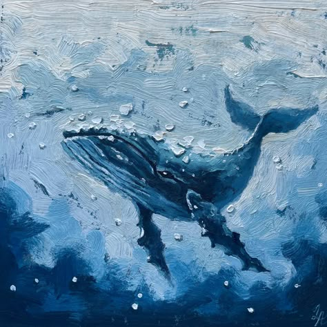 Ocean Prints For Walls, Small Oil Painting Ideas, Ocean Art Aesthetic, Ocean Animals Aesthetic, Whale Painting Acrylic, Blue Painting Aesthetic, Ocean Theme Painting, Blue Aesthetic Painting, Whale Oil Painting