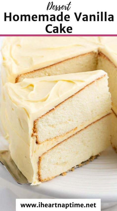 This homemade vanilla cake is an impressive yet simple one-bowl recipe that makes even a beginner baker feel like a professional! A soft tender cake infused with the heavenly flavor of vanilla that pairs well with any frosting! Iheartnaptime Vanilla Cake, Vanilla Cake With Chocolate Icing, Old Fashioned Vanilla Cake, Vanilla Velvet Cake Recipe, Home Made Vanilla Cake Recipes, Cake Flour Cake Recipe, Homemade Vanilla Cake Recipe Easy, Dense Vanilla Cake Recipe, Homemade Vanilla Cake From Scratch