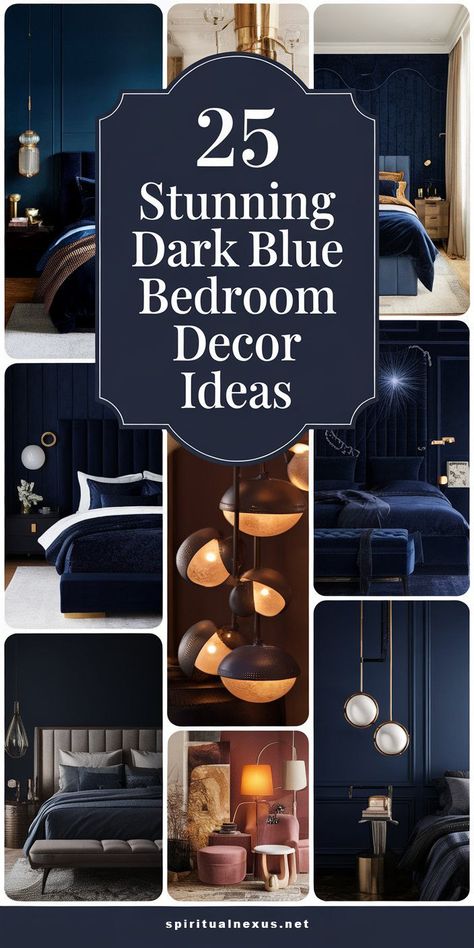 Explore 25 stunning dark blue bedroom decor ideas for a cozy and stylish space. Perfect for master bedrooms, navy blue lovers, and anyone creating a serene atmosphere. #DarkBlueBedrooms #BedroomDecor #CozyDarkBedroom Bedding For Dark Blue Walls, Moody Blue Bedding, Deep Blue Bedroom Decor, Dark Navy Bedroom Wall, Navy Blue And Dark Green Bedroom, Charcoal Blue Bedroom, Dark Navy Bedroom Ideas, Small Navy Bedroom, Master Bedrooms Navy Blue