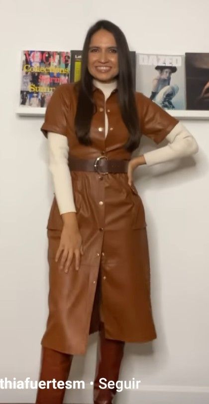 Tan Leather Dress Outfit, Brown Dresses Outfit, Leather Dress Outfit, Pinny Dress, Europe 2023, Midi Dress Outfit, Leather Shirt Dress, Brown Leather Dress, Leather Midi Dress