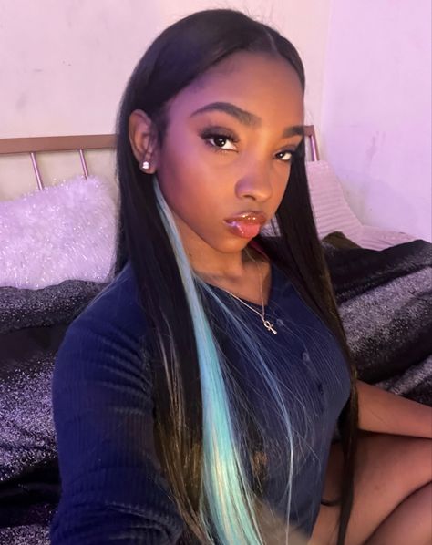 Blue Peekaboo Sew In, Blue Streaks In Black Hair Black Women, Peek A Boo Wigs For Black Women, Sew In Hairstyles Peek A Boo, Black And Blue Sew In, Blue And Black Quick Weave, Black Women Blue Aesthetic, Peekaboo Leave Out, Black With Peekaboo Color