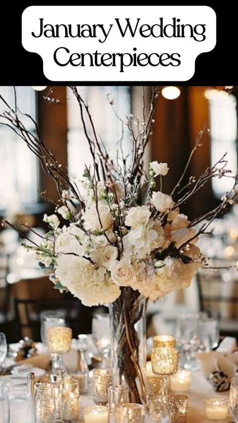 Simple January wedding table centerpiece featuring candles and seasonal flowers in a rustic vase. Budget Floral Centerpieces, High Top Table Flower Arrangements, Wedding Candelabra Centerpieces, Non Flower Centerpieces Wedding Fall, Simple Winter Centerpieces Wedding, Diy Large Centerpieces Wedding, Easy Winter Wedding Centerpieces, Small Elegant Table Centerpieces, Winter Floral Centerpieces For Table