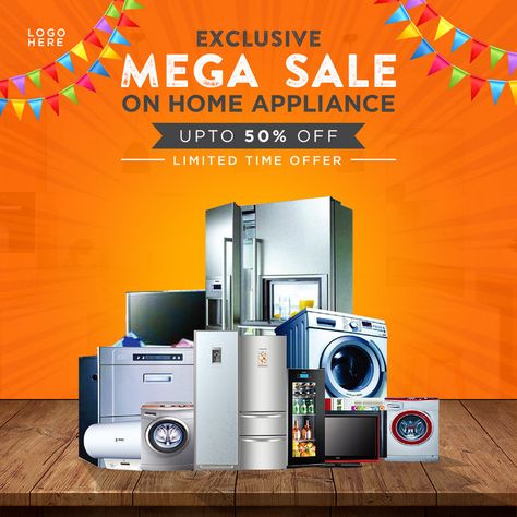 Home Appliances Advertising Poster, Electronic Appliances Creative Ads, Electronics Poster Design, Electronics Social Media Post, Home Appliances Social Media Design, Offers Poster Design, Offer Poster Design Ideas, New Year Sale Poster, Home Appliances Advertising