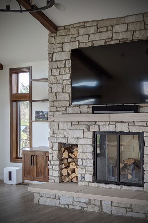 Stone Tv Wall, Fireplace Interior Design, Rustic Farmhouse Exterior, Fireplace Farmhouse, Fireplace Interior, Veneer Stone, Louvered Shutters, Living Room Farmhouse, Farmhouse Exterior Design