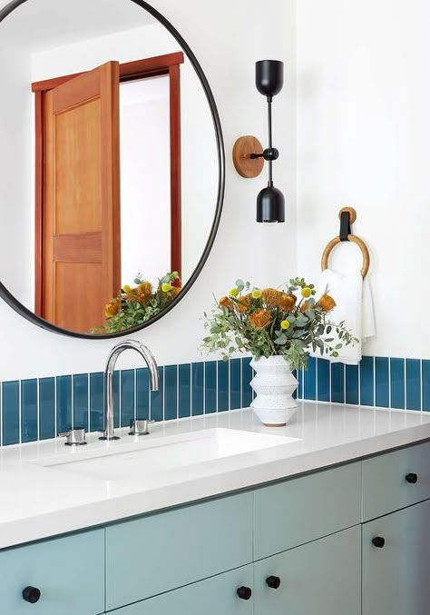 Vanity With Tile Wall, Tiled Bathroom Sink Backsplash, Vertical Backsplash Bathroom, Bathroom Sink Wall Tile, Tile Sink Backsplash Bathroom, Blue Accent Tile Bathroom, Short Tile Backsplash Bathroom, Tiles Behind Sink Bathroom, Bath Vanity Backsplash Ideas