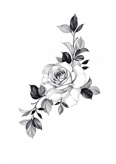 Rose And Leaf Tattoo, Rosa Tattoo Designs, Rose And Peony Tattoo, Rose Floral Tattoo Design, Tattoo Peonies, Floral Shoulder Tattoo, Black And White Rose Tattoo, Rose Chest Tattoo, Wall Prints Quotes