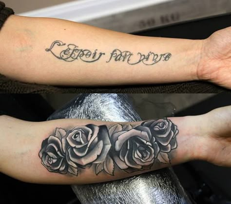 Tattoo Cover Up Ideas For Women Before And After, Inside Forearm Tattoo Women Cover Up, Tattoo Name Cover Up Ideas, Flower Cover Up Tattoo Before And After, Arm Cover Up Tattoos For Women, Lettering Cover Up Tattoo, Forearm Name Tattoo, Name Tattoo Cover Up Ideas, Coverup Tattoo Ideas For Women Cover Up