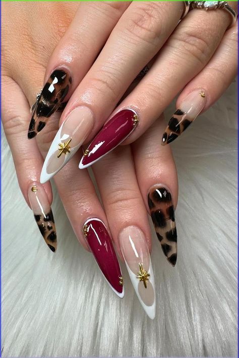 New In Nails, Tortoise Tips Nails, White Red Gold Nails, Long Nails Stiletto Design, Red Concert Nails, Deep Color Nails, Stiletto Nail Design Ideas, Tortoise Shell Nail Designs, Rich Nails Design