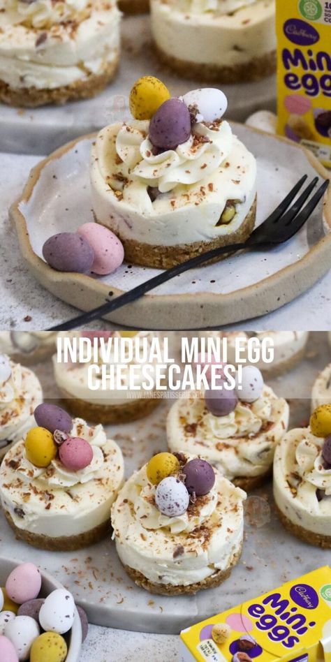 Individual Mini Egg Cheesecakes! - Jane's Patisserie Easter Cheesecakes, Mini Egg Cheesecake, Mini Egg Recipes, Orange Cheesecake Recipes, Mini Eggs Cake, Easter Platter, Easter Cheesecake, No Bake Vanilla Cheesecake, Easter Feast