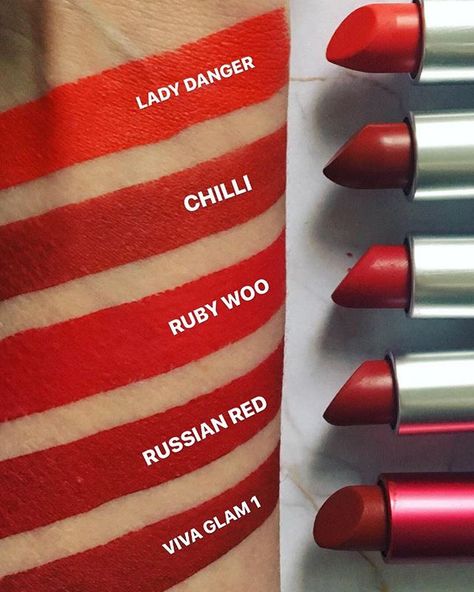 Top five fave red lipsticks, swatched. Orange tone 👉🏻 True Red 👉🏻Blue tone. Obviously Ruby Woo is in there! Which ones have you not tried?… Different Shades Of Red Lipstick, Mac Red Lipstick Shades, Which Red Lipstick For My Skin Tone, Cool Toned Red Lipstick, Shades Of Red Lipstick, Mac Swatches, Mac Lipstick Ruby Woo, Red Lipstick Swatches, Mac Chili Lipstick