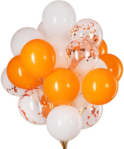 Balloon Party Decorations, Confetti Balloons Birthday, Orange Confetti, Engagement Balloons, 50 Party, Black Confetti, Orange Balloons, Orange Party, White Confetti