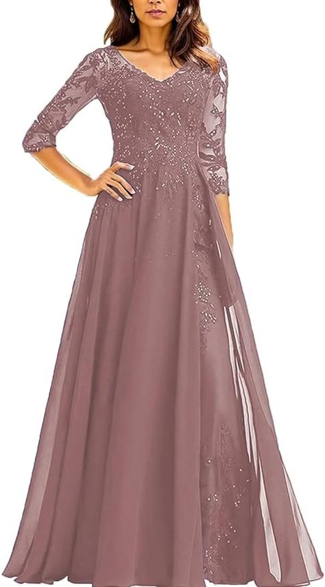 Amazon.com: Plus Size Mother of The Bride Dresses for Wedding V-Neck Long Sequins Applique Chiffon Formal Evening Gowns with Sleeves Dusty Rose : Clothing, Shoes & Jewelry Dresses With Sleeve, Chiffon Formal Dress, Dress With Applique, Lace Wedding Guest Dress, Wedding Evening Gown, Bride Dress Lace, Formal Wedding Guest Dress, Evening Gowns With Sleeves, Mother Of Groom Dresses