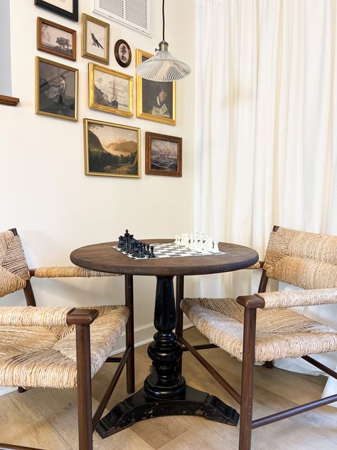 Diy Chess Table Ideas, Chess Corner In Living Room, Chess Sitting Area, Card Table Living Room, Chess Table Ideas, Chess Seating Area, Wood Game Table, Chess Room Ideas, Game Table In Living Room Corner