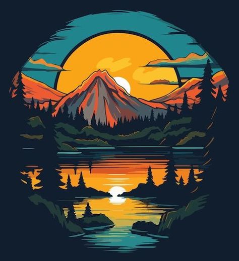 Vector the mountain in the lake art prin... | Premium Vector #Freepik #vector Vector Art Poster, Lake Logo Design Ideas, Mountain Vector Art, Premium Vector Art, Graphic Design Art Artworks, Logo Designs Ideas, Mountain Vector Illustration, Mountains Art Painting, Nature Illustration Art