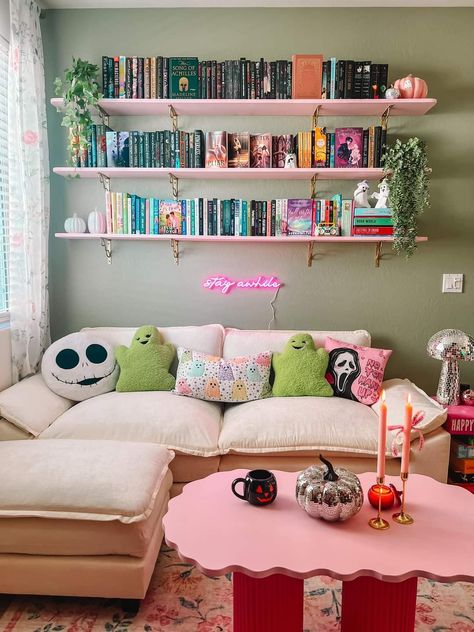 Maximalism Shelves, Maximalist Colorful Decor, Oliver Bonas Aesthetic, Nick Nack Shelf Ideas, Cute Appartement Aesthetic, She Room Woman Cave, Anthropologie Living Room, Pink Shelves, Boho Living Room Ideas