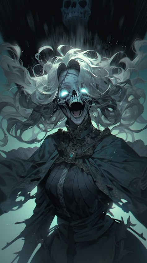 Known as 'wailing ghosts', Banshee's are incredibly dangerous undead! Often spirits of elven woman that were selfish and strong willed, create a Banshee. With their new form ironically embodying hideousness. Their signature wail is capable of dropping the living in an instant! Dnd Banshee Art, Banshee Ghost Art, Ghost Queen Art, Banshee Fantasy Art, Undead Woman Art, Dnd Banshee, Fantasy Spirit Art, Dnd Ghost Character Art, Banshee Character Design