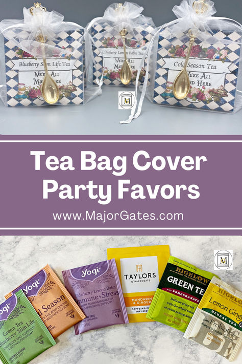 DIY Tea Bag Cover Party Favors. Perfect for tea parties, birthday parties, weddings, bridal showers, and brunch. Tea Bag Bridal Shower Favors, Tea Bag Gift Ideas Favors, Tea Party Souvenirs Gift Ideas, Tea Bag Favors Cute Ideas, Tea Party Giveaways, Tea Bag Favors Diy, Tea Party Favors For Women Ladies Luncheon, Favors For A Tea Party, Tea Bag Party Favors