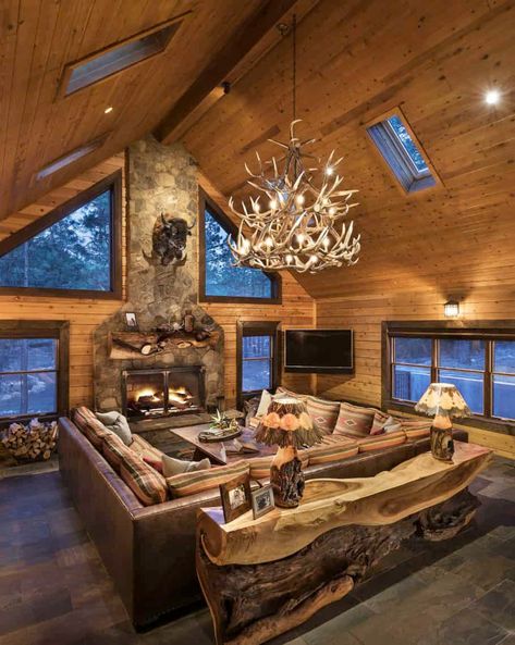 Casa Country, Cabin Interiors, Rustic Home Design, Cabin Living, Log Cabin Homes, Cabin Style, Rustic Living, Barn House Plans, Rustic Living Room