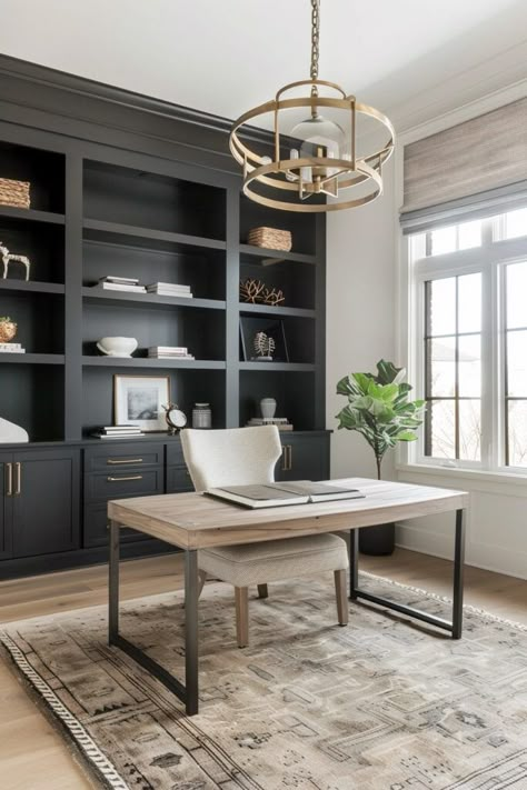 Study Room Farmhouse, Two Desk One Office, T Office Desk, Home Office Design Built Ins, 12x12 Office Design, Home Office Ideas With Desk In Middle Of Room, Masculine Coastal Office, Home Office With Black Furniture, Black Office Built Ins