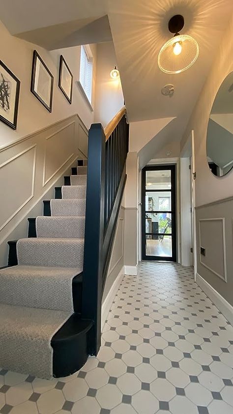 Hallway With Stairs, Stairs And Hallway Ideas, Stair Paneling, Victorian House Interiors, Stairs Renovation, Hallway Makeover, Hallway Colours, Stairs Design Interior, Tiled Hallway