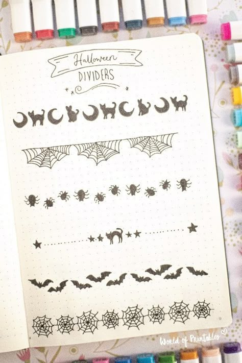 These Halloween bullet journal dividers are perfect for adding a spooky touch to your bujo. You can print the bullet journal divider page to practice drawing these doodles or simply copy the idea! Halloween Journaling Ideas, October Dot Journal, Journal Ideas Halloween, October Journal Page, Halloween Bulletin Journal Ideas, Halloween Bujo Ideas, October Dot Journal Ideas, Halloween Journaling, Halloween Dividers