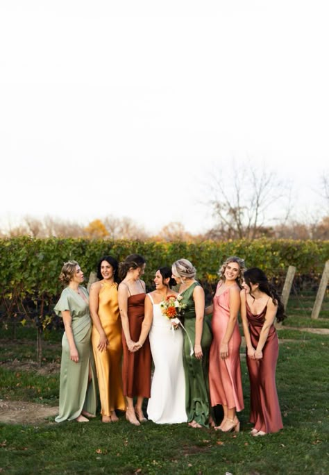 Bridesmaid dress inspo Fall Wedding Colors Bridesmaids, Bridesmaid Dresses Late Summer, Spring Bridal Party Attire, Mismatched Bridesmaid Dresses Color Palette, Autumn Wedding Bridal Party, Mix And Match Bridesmaid Dresses Autumn, Fall Mix Matched Bridesmaid Dresses, Color Pallete Bridesmaid Dresses, Terracotta Mix And Match Bridesmaid Dresses