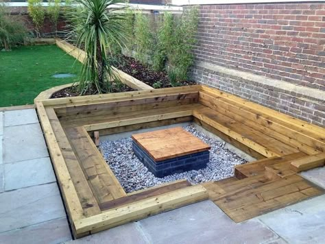 Sleeper Fire Pit, Decking Fire Pit Ideas, Diy Sunken Fire Pit With Seating, Back Deck Decor Ideas, Patio Deck Decorating Ideas, Deck Around Tree, Back Deck Decor, Patio Fire Pit Ideas, Deck Decor Ideas