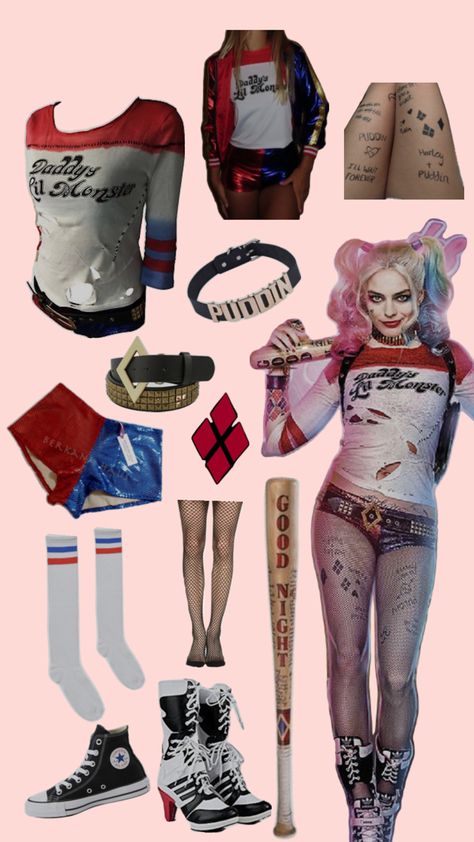 margot robbie’s harley quinn costume in the original ss squad movie Harly Quinn Cosplay, Original Costume Ideas, Harley Quinn Costume Diy, Harley Quinn Disfraz, Harley Costume, Basic Halloween Costumes, Harley Quinn Halloween Costume, Monster Costume, Harley Quinn Halloween