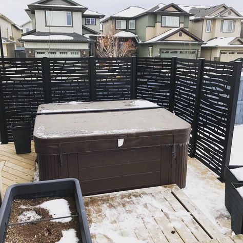 Friends of our used privacy screens to surround their hot tub. I love these because there is nearly a dozen houses nearby that can see the hot tub but the screens provide privacy and also block the wind. Hot Tub Wind Block, Hot Tub Screening Ideas, Hot Tub Privacy Ideas, Hot Tub Enclosure, Backyard Hot Tub, Hot Tub Privacy, Hot Tub Area, Backyard Spa, Spa Outdoor