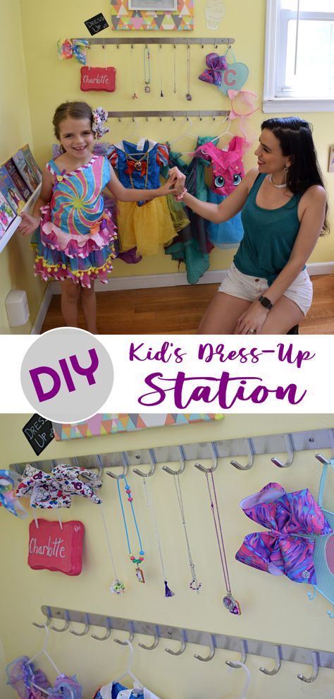 Diy Girls Dress Up Station, Dress Up Corner Diy, Kids Dress Up Station, Dress Up Corner Playroom, Diy Kids Dress Up Station, Dress Up Organization, Diy Dress Up Station, Dress Up Corner, Diy E Liquid