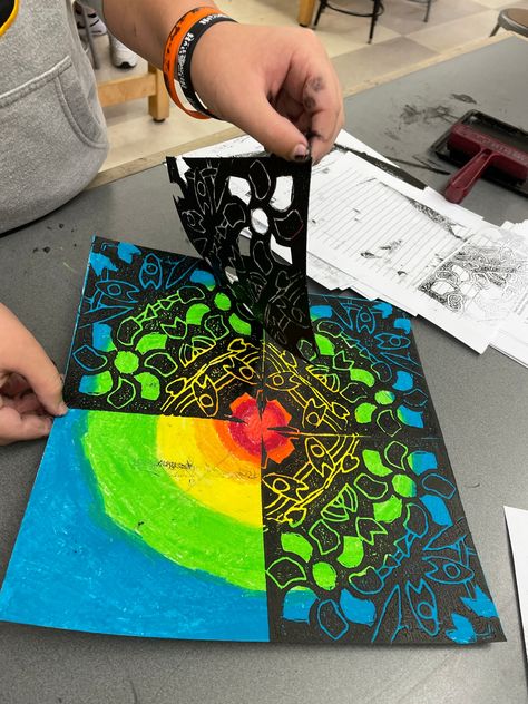 Year 6 Transition Art, Middle School Symmetry Art, Elementary Oil Pastel Projects, Abstract Art Projects For Middle School, Radial Design Art Projects, Oil Pastel Art Projects For Elementary, 6th Grade Art Projects Middle School, 7th Grade Art Lessons, Radial Symmetry Art Lesson