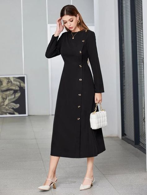 Button Front Solid A-line Dress | SHEIN USA Black Button Up Dress Long Sleeve, Elegant Spring Dresses Classy, Plain Fabric Dress Designs, Elegant Dresses For Women Classy, Elegant Winter Dresses, A Line Dress Casual, Elegant Work Dress, Velvet Dress Designs, Elegant Color