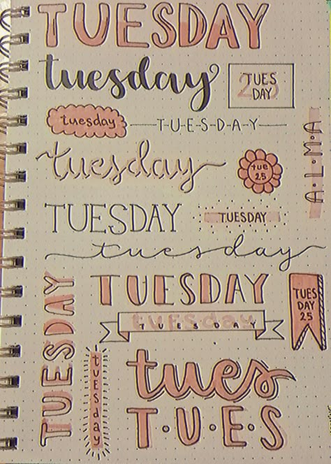 Marcadores y tiralineas, lettering Tuesday Journal Ideas, Tuesday Title Ideas, Tuesday Header, Aesthetic Titles For Notes, English Title Page Aesthetic, Titles Ideas Aesthetic, Aesthetic Headings, Tuesday Lettering, Aesthetic Title Ideas