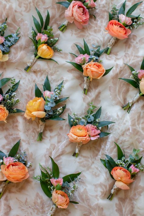 Peach Summer Wedding Flowers, Simple Florals For Wedding, Boutineer Ideas Colorful, Peachy Orange Wedding Flowers, Summer Color Wedding Theme, Citrus Wedding Florals, Bouteniers Wedding Colorful, Mens Boutineers Wedding Colorful, Spring Wildflower Boutonniere