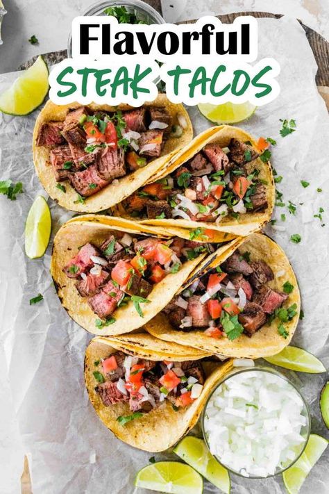 Easy flavorful Steak Tacos are a tasty Mexican dish with marinated grilled steak strips in soft tortillas loaded with your favorite toppings. Recipe For Tacos, Steak Taco Recipe, Steak Taco, Flank Steak Recipe, Rotisserie Chicken Tacos, Flank Steak Tacos, Grilled Steak Recipes, Steak Tacos, Grilled Flank Steak