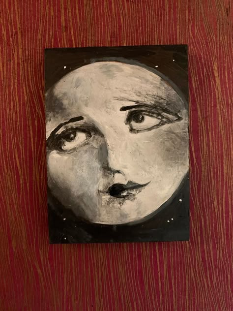 Moon Painting Acrylic, Messy Painting, Painting In Black And White, Moon With Face, Painted Moon, Moon Faces, Block Of Wood, Moon Painting, Moon Face