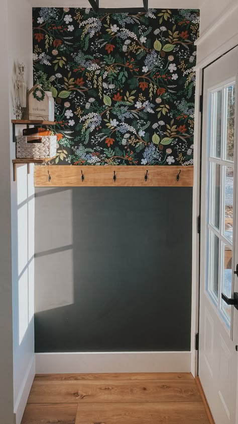 Wallpaper Behind Hall Tree, Black Hutch Makeover, Closet Wallpaper Ideas, Apartment Entry, Wallpapered Entryway, Small Entryway Ideas, Millennial Style, Entryway Makeover, Hutch Makeover