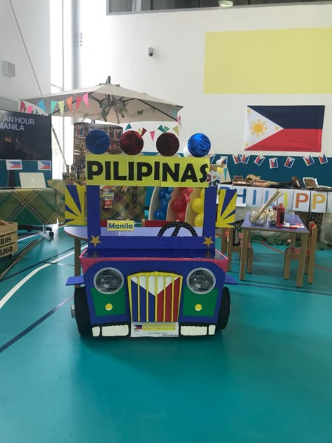 Philippine Jeepney Jeepney Photo Booth, Philippine Booth Ideas, Philippine Decor Ideas, Filipino Booth Ideas, Philippine Themed Party, Filipino Festival Decorations, Philippines Theme Party, Food Booth Ideas For School Fair, Philippines Decorations