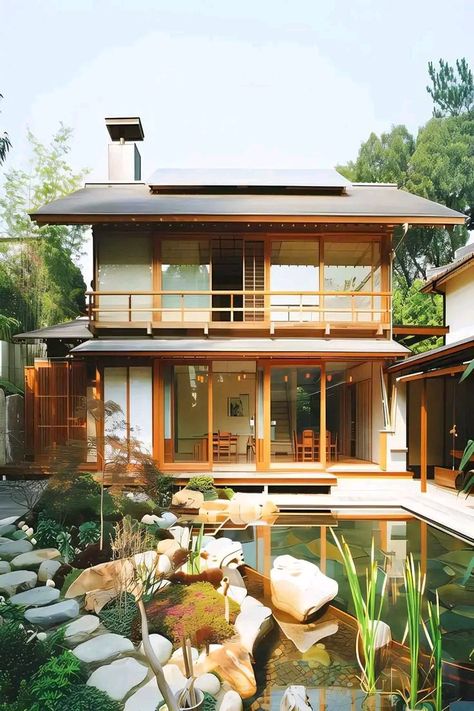 Japanese House With Garden, Japan Home Exterior, Japanese Inspired House Exterior, Wooden House Designs Exterior, Japanese Cottage House, Japanese Style Home Exterior, Japanese Style Houses, Beautiful Homes Exterior Modern, Japanese Style House Exterior