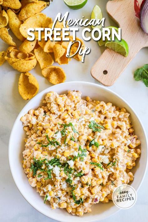 This easy Mexican Street Corn Dip is the BEST party appetizer! This recipe is a quick and easy appetizer built for a crowd, whether hosting a party or hanging with friends for game day. Elote corn dip is easy to make and oh-so-creamy, with the perfect blend of savory and sweet. Your guests will crave more of this delicious spin on traditional street corn! It is the perfect cold corn dip recipe. If you need a fast appetizer recipe for a party, this easy dip is perfect! Spicy Corn Dip Cold, Corn Dip Appetizer, Corn Appetizers For Party, Elote Dip Cold, Homewrecker Corn Dip, Easy Grilled Appetizers, Mexican Corn Dip Cold, Cold Street Corn Dip, Fresh Corn Dip