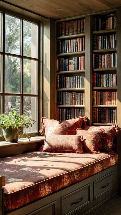 Book Nook Near Window, Bedroom With A Bookshelf, Large Nook Ideas, Home Library With Window Seat, Timeless Bookshelves, Window Reading Nook Ideas, Built In Book Nook, Reading Nook By Window, Reading Book Window