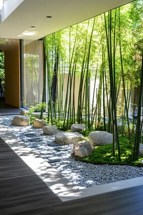 Zen Bamboo Garden, Architectural Garden Design, Japanese Atrium Garden, Zen Garden In House, Modern Japanese Inspired Home, Japanese Garden Modern, Zen Outdoor Garden, Japanese Living Room Ideas Modern, Japanese Garden Courtyard