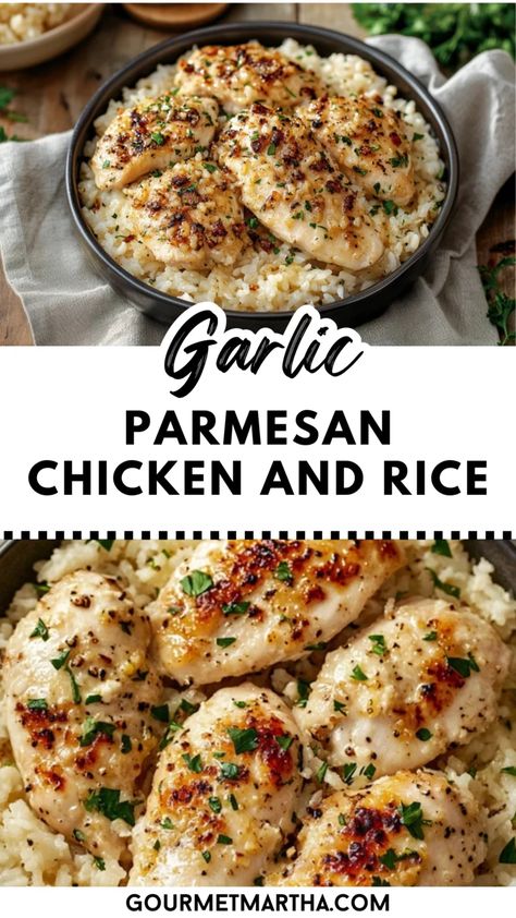 This Garlic Parmesan Chicken and Rice recipe is a flavor-packed, one-pan meal that combines tender chicken, creamy Parmesan, and garlic-infused rice for an effortless dinner. Perfect for busy weeknights, this dish brings comfort and gourmet taste without the hassle of extra dishes. Whip up something special – get the recipe now #onepandinner #garlicparmesanchicken #easychickenrecipes #dinnerinspo #chickenandrice #familydinnerideas #quickmeals #comfortfood #weeknightdinner #parmesanrecipes #... Garlic Parm Chicken And Rice, Creamy Chicken And Rice Skillet, Bww Parmesan Garlic Recipes, Healthy Chicken Rice Recipes, Chicken Breast Rice Recipes, Chicken And White Rice Recipes, Healthy Chicken And Rice Recipes, Chicken And Rice Recipes Easy, Fun Dinner Ideas For Family