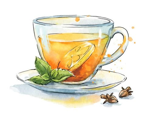 Tea Watercolor Painting, Watercolor Water Painting, Tea Art Drawing, Tea Illustration Art, Watercolor Art Food, Transparent Mug, Tea Drawing, Tea Cup Drawing, Tea Painting